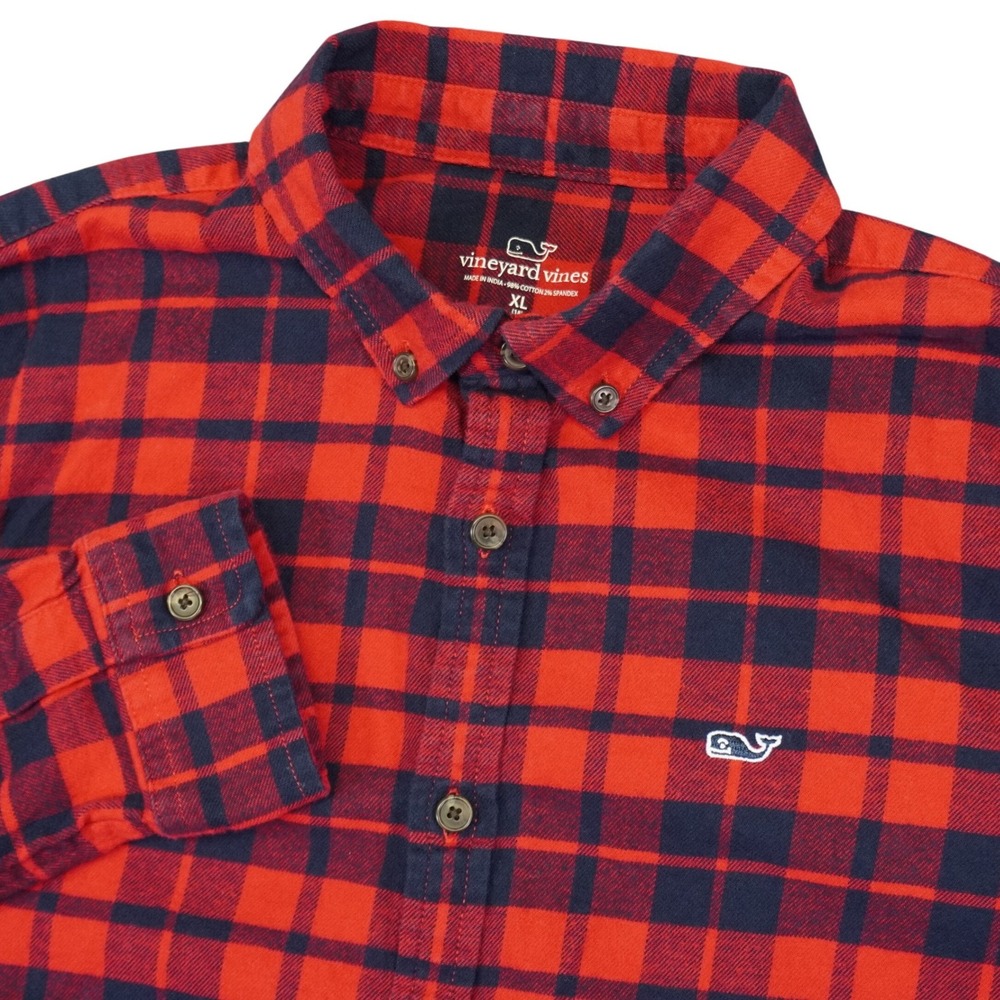 Vineyard Vines Button Down Boys Kids XL Red Navy Plaid Long Sleeve Whale Flannel